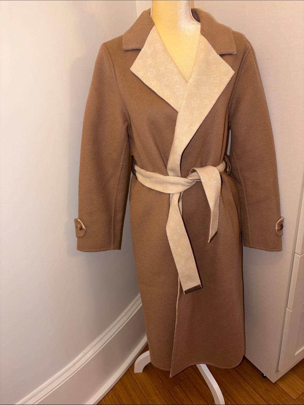 Womens Reversible Belted Wool-Blend Coat in Camel and Cream